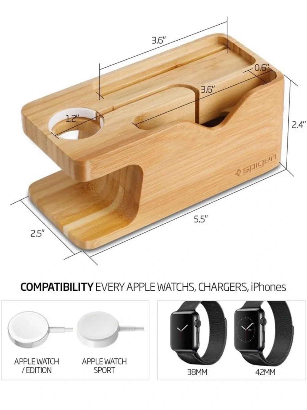 Spigen Bamboo Charging Dock Stand for Apple Phone & Watch - Natural Wood